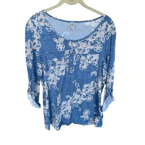 PerSeption Concept Top Floral Women's Print Stretch Pockets Scoop Neck Blue XL